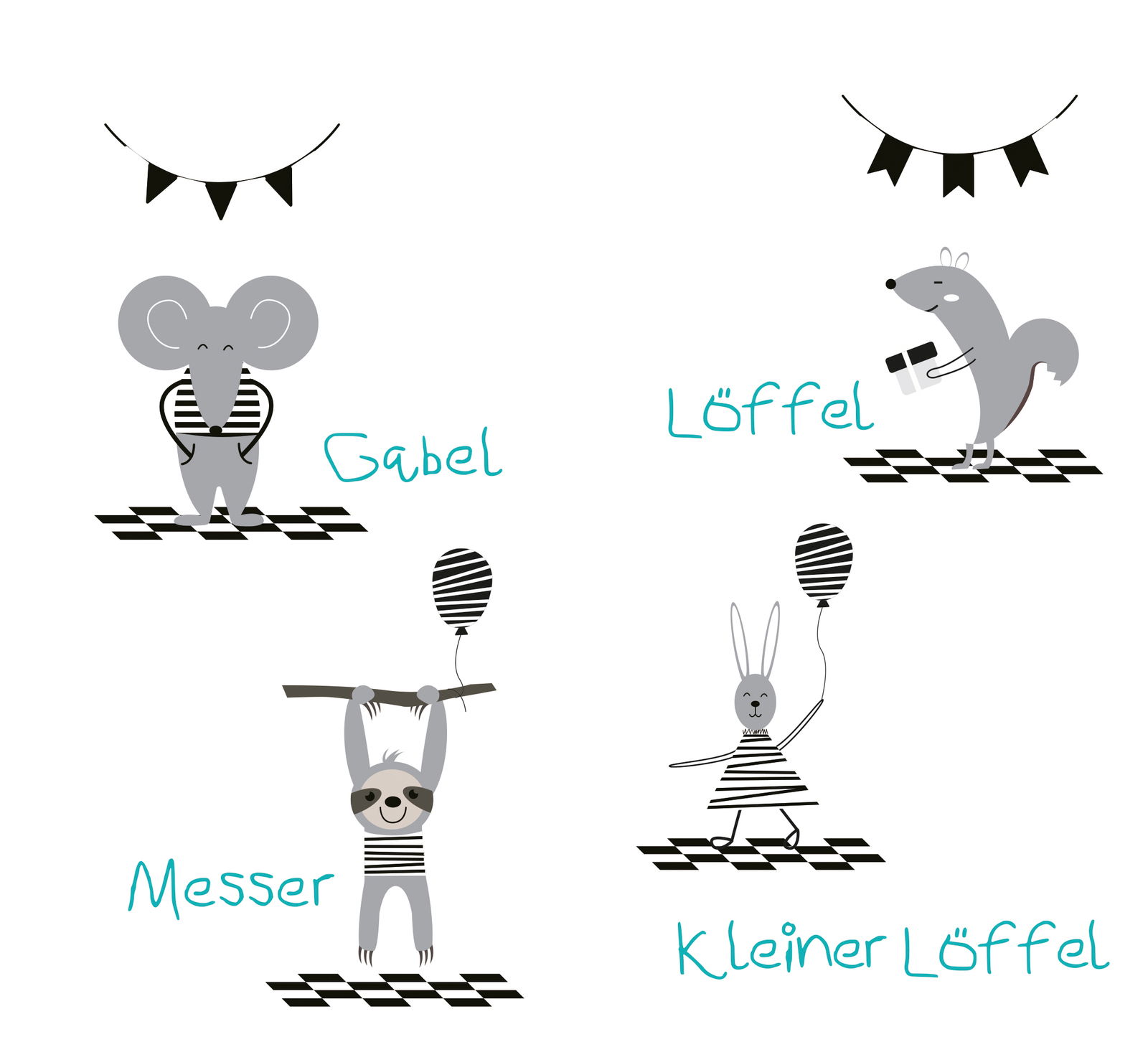 Kinderbesteck PARTY 4-tlg. mit Tiermotiven: Elefant, Eichhörnchen, Faultier und Hase, aus der Vogelperspektive.