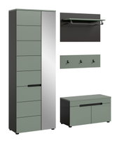 Modernes Garderoben-Set in Salbeigrün und Anthrazit: hoher Schrank mit Spiegel, Wandpaneel mit Ablage und Kleiderstange, Hakenleiste sowie Schuhbank; Ansicht in schräger Frontperspektive