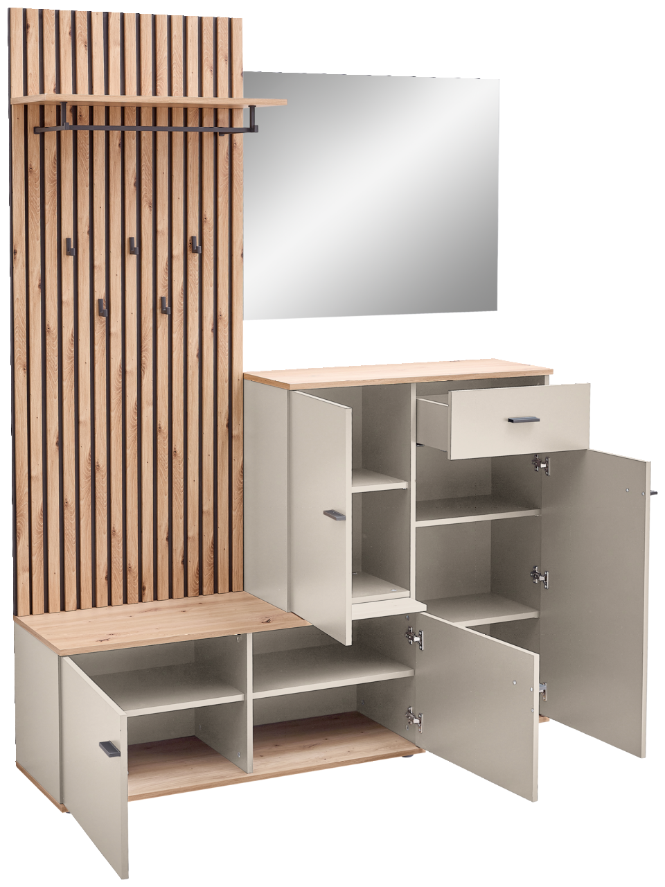 Kompaktgarderobe mit Holzpaneelen, Spiegel, Hakenleiste und offenen Schränken, seitliche Perspektive