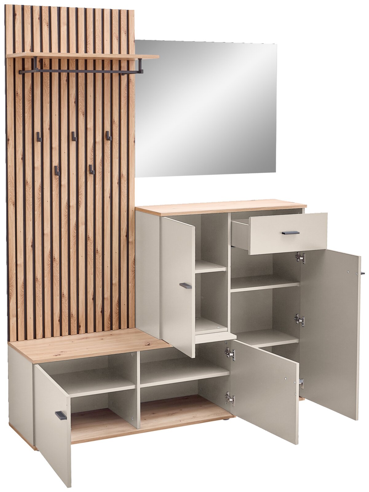 Kompaktgarderobe mit Holzpaneelen, Spiegel, Hakenleiste und offenen Schränken, seitliche Perspektive