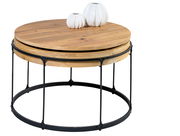 Runder Couchtisch aus Holz mit schwarzem Metallgestell, seitliche Perspektive, dekoriert mit zwei weißen Vasen.