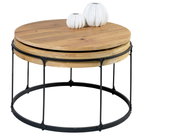 Runder Couchtisch aus Holz mit schwarzem Metallgestell, seitliche Perspektive, dekoriert mit zwei weißen Vasen.