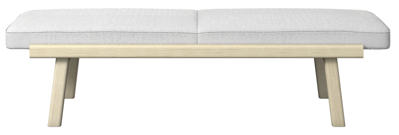Sitzbank mit hellem Holzgestell und weißem Polster, Frontalansicht