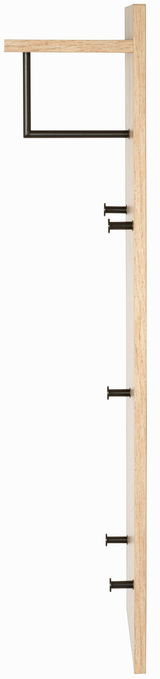 Seitenansicht einer Wandgarderobe aus Holz mit mehreren schwarzen Haken und einer oberen Ablage.