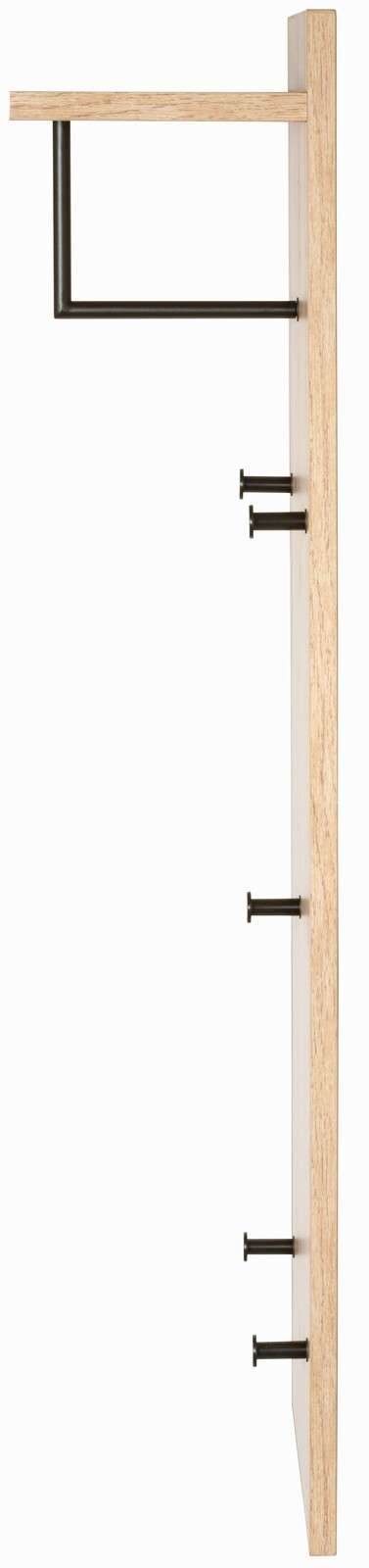 Seitenansicht einer Wandgarderobe aus Holz mit mehreren schwarzen Haken und einer oberen Ablage.