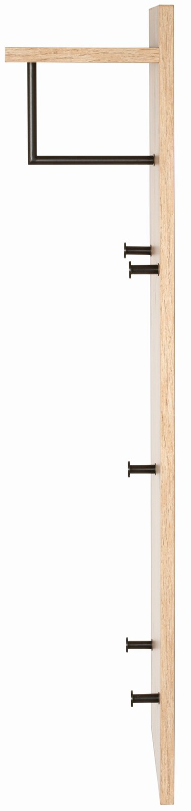 Seitenansicht einer Wandgarderobe aus Holz mit mehreren schwarzen Haken und einer oberen Ablage.