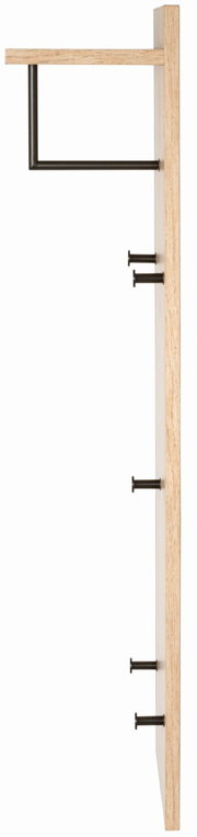 Seitenansicht einer Wandgarderobe aus Holz mit mehreren schwarzen Haken und einer oberen Ablage.