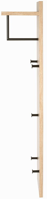 Seitenansicht einer Wandgarderobe aus Holz mit mehreren schwarzen Haken und einer oberen Ablage.
