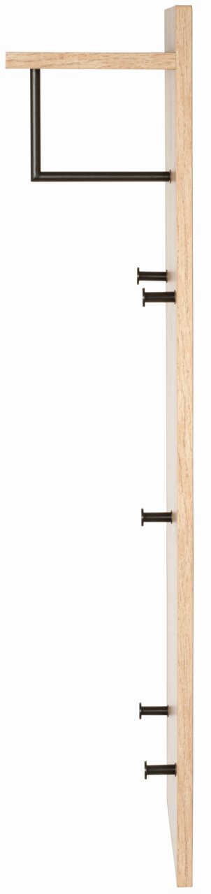 Seitenansicht einer Wandgarderobe aus Holz mit mehreren schwarzen Haken und einer oberen Ablage.