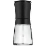 Gewürzmühle mit schwarzem Deckel und transparentem Glasbehälter, frontal abgebildet