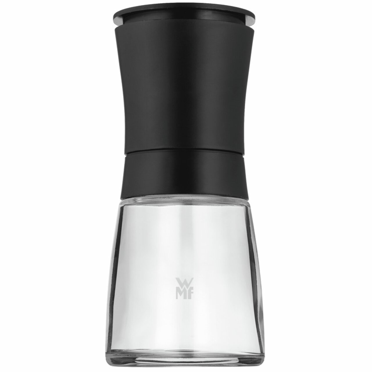 Gewürzmühle mit schwarzem Deckel und transparentem Glasbehälter, frontal abgebildet