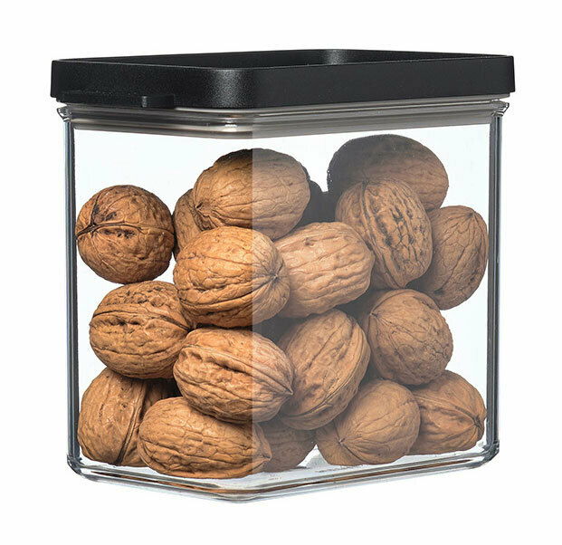 Rechteckige Vorratsdose Omnia mit schwarzem Deckel, gefüllt mit Walnüssen, seitliche Perspektive