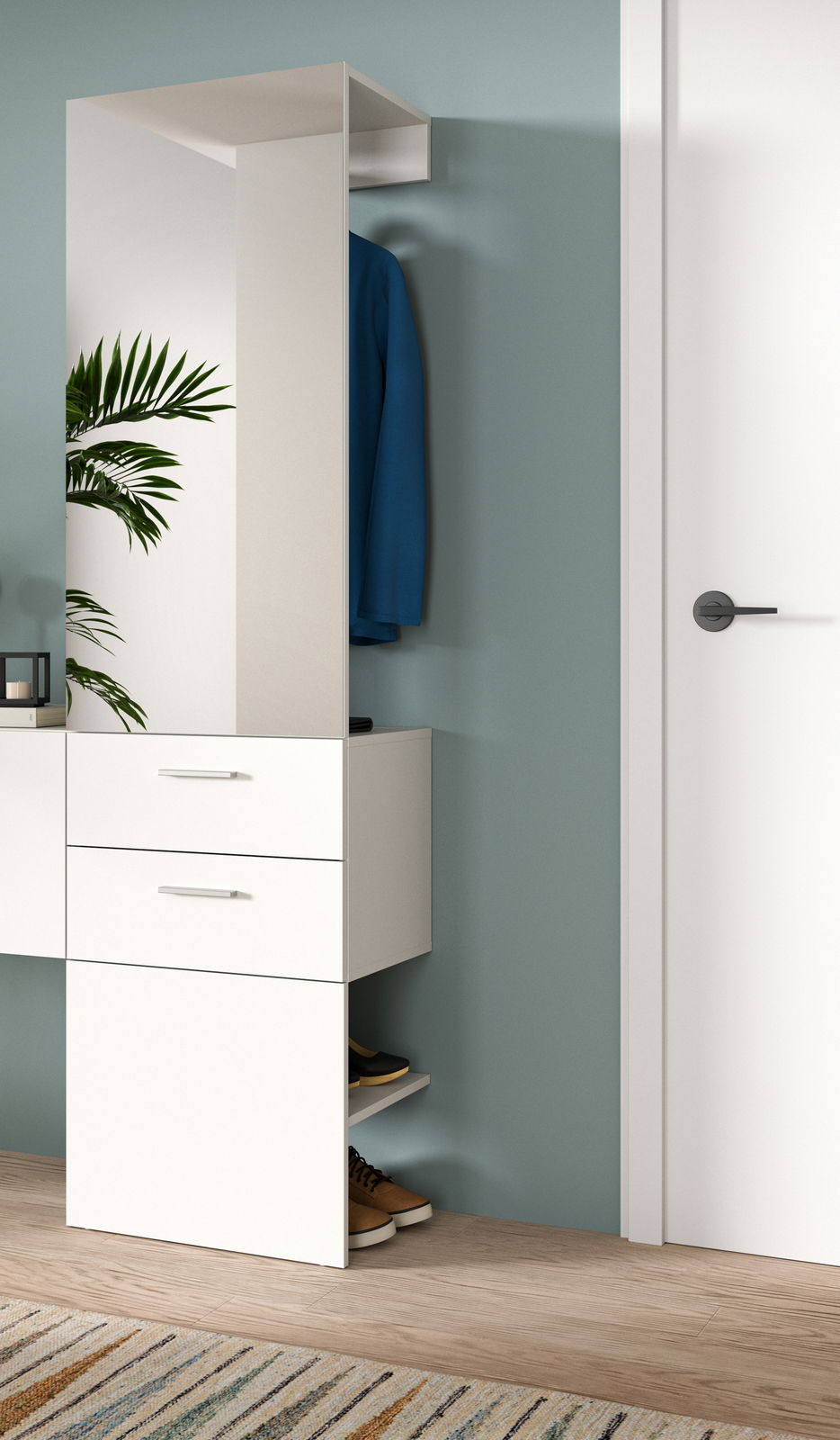 Modernes Garderobenpaneel in Weiß mit Spiegel, Schubladen und Ablagefächern, seitliche Perspektive.