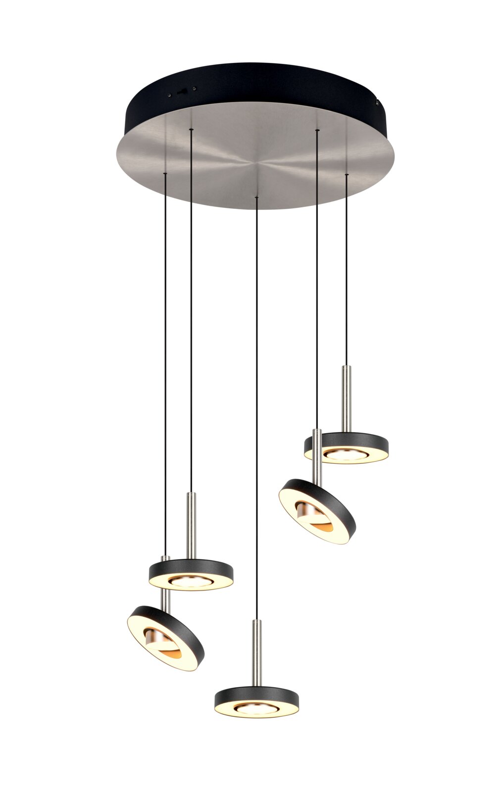 Moderne hanglamp met vijf ronde, verstelbare lichtelementen, hangend aan een ronde plafondplaat. Aanzicht van onderaf.