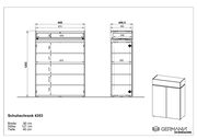 Technische Zeichnung eines Schuhschranks mit den Maßen: Breite 90 cm, Höhe 121 cm, Tiefe 40 cm. Front- und Seitenansicht sowie perspektivische Darstellung.
