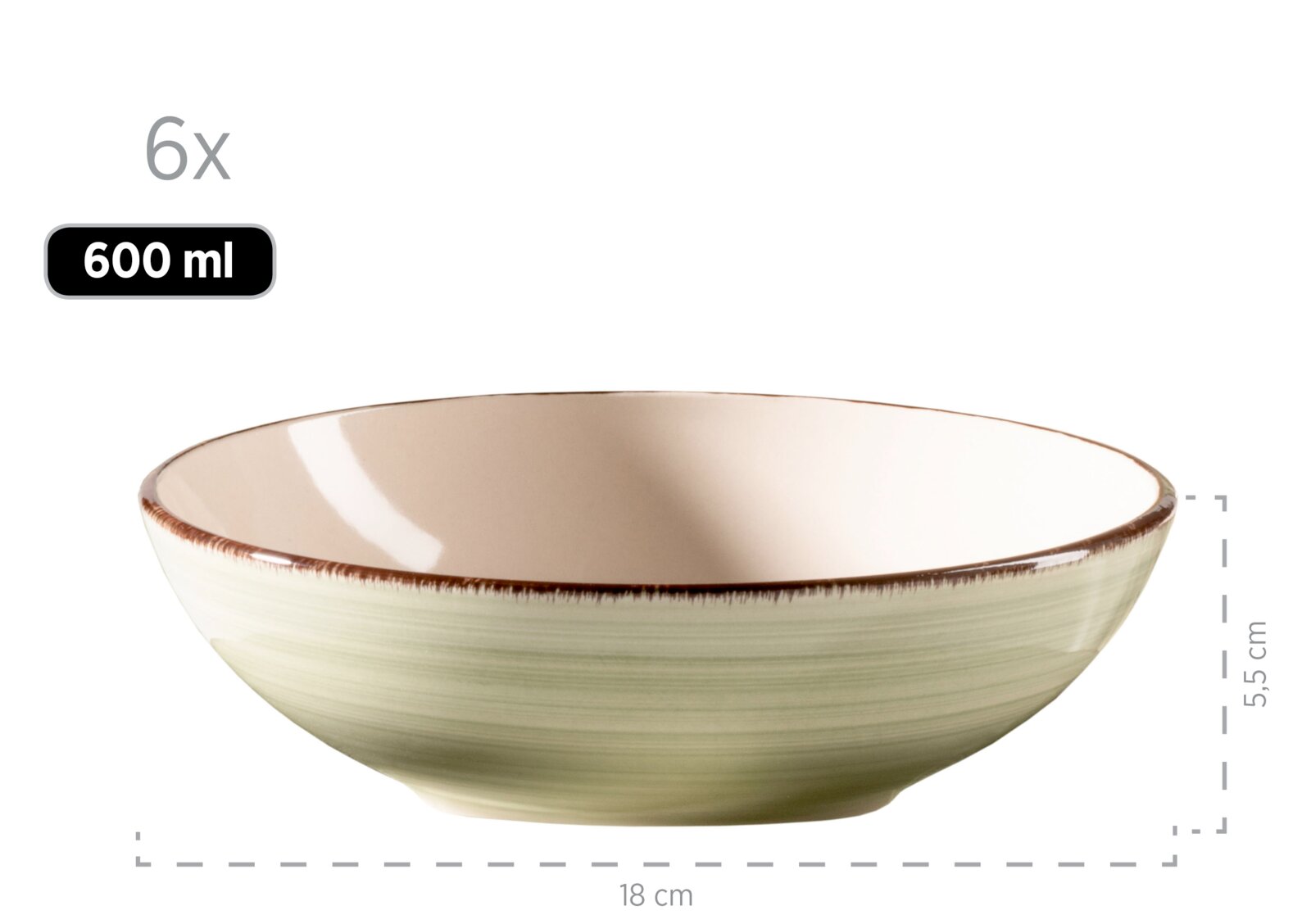 Keramik-Schüssel in Grün-Beige mit braunem Rand, 600 ml Fassungsvermögen, ca. 18 cm Durchmesser und 5,5 cm Höhe, Produktansicht leicht von oben vor weißem Hintergrund