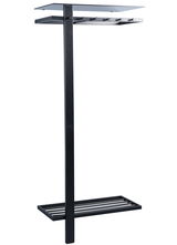 Moderne schwarze Garderobe aus Metall mit Ablage und Haken, seitliche Perspektive