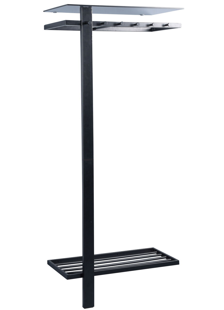 Moderne schwarze Garderobe aus Metall mit Ablage und Haken, seitliche Perspektive