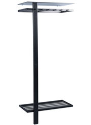 Moderne schwarze Garderobe aus Metall mit Ablage und Haken, seitliche Perspektive