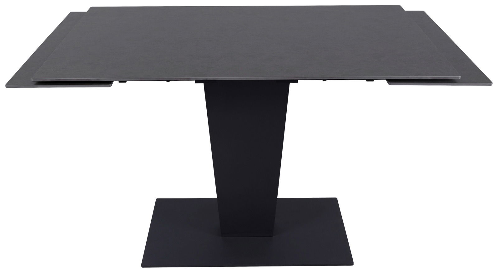 Moderner schwarzer Esstisch mit rechteckiger Tischplatte und zentralem Standfuß, Frontalansicht.