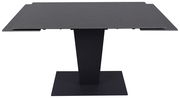 Moderner schwarzer Esstisch mit rechteckiger Tischplatte und zentralem Standfuß, Frontalansicht.