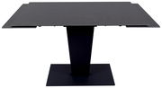 Moderner schwarzer Esstisch mit rechteckiger Tischplatte und zentralem Standfuß, Frontalansicht.