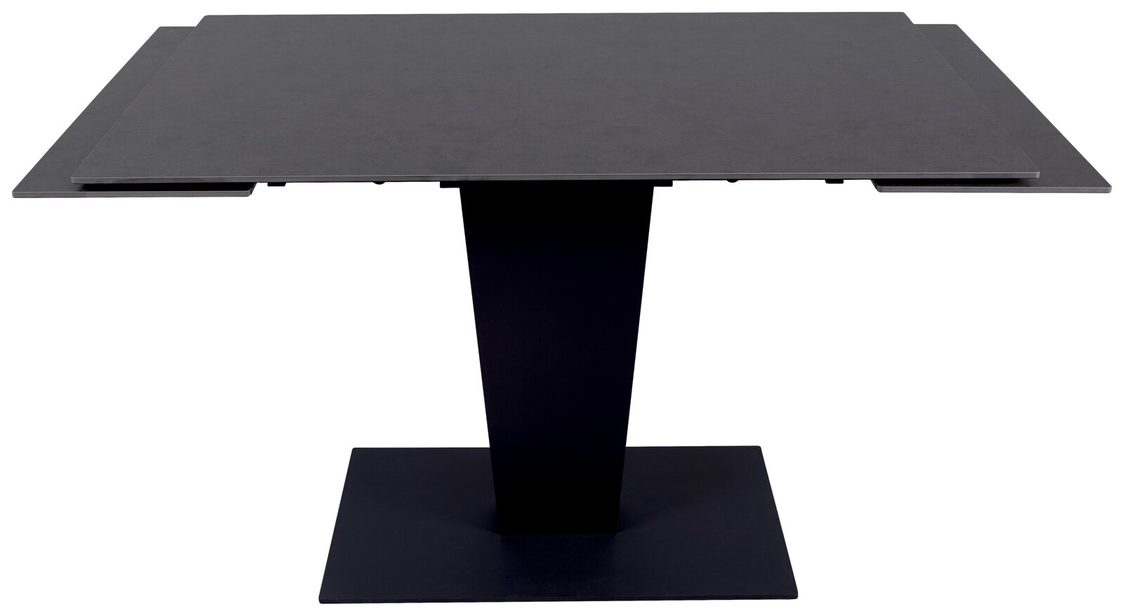 Moderner schwarzer Esstisch mit rechteckiger Tischplatte und zentralem Standfuß, Frontalansicht.