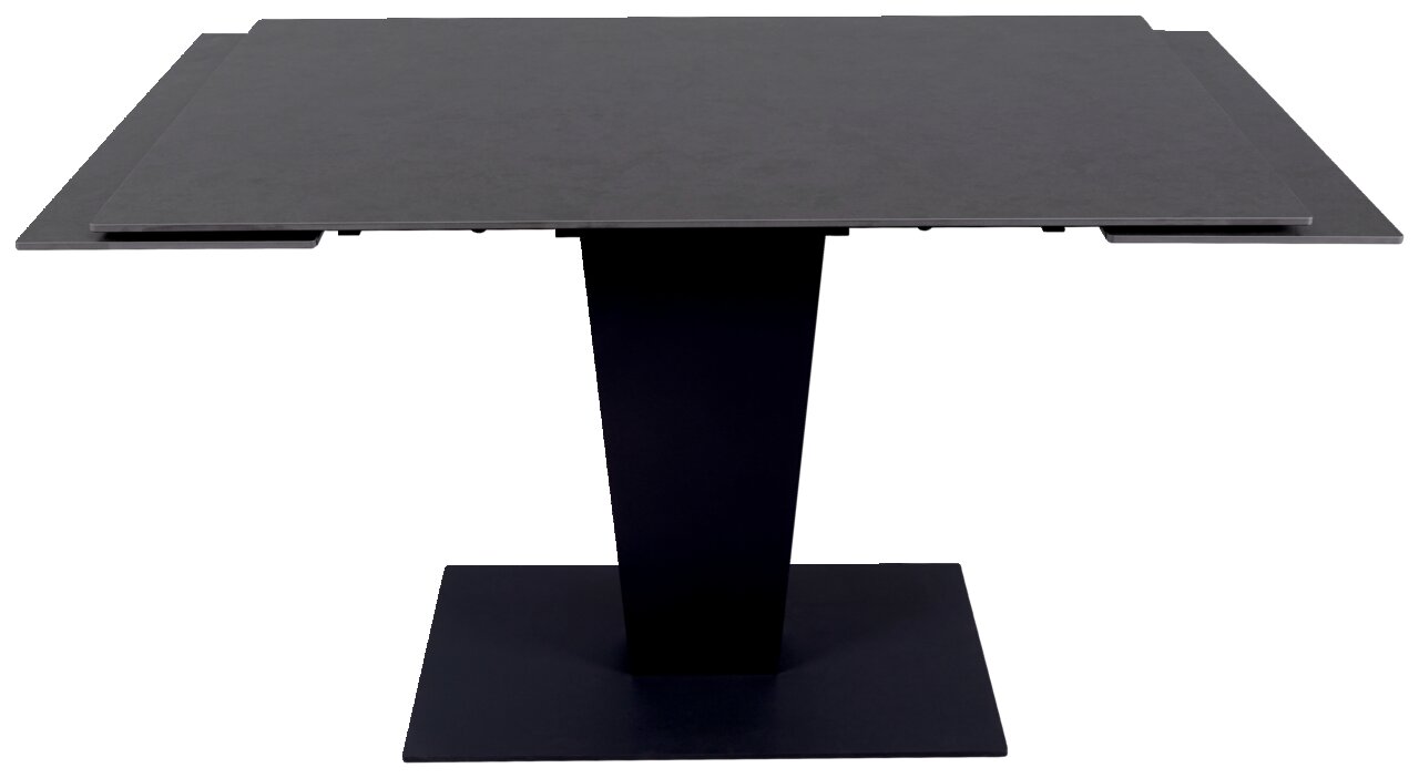 Moderne zwarte eettafel met rechthoekig tafelblad en centrale poot, gezien van voren.