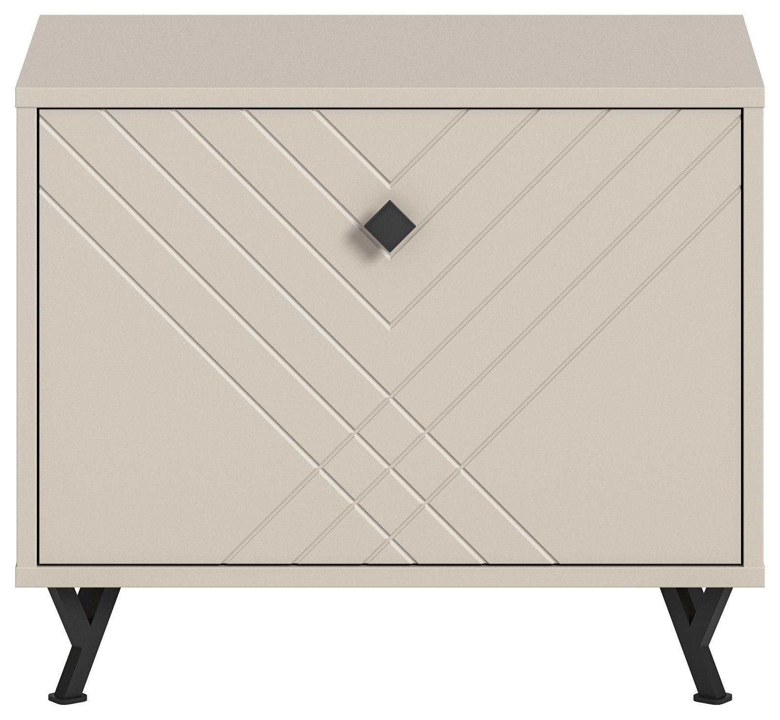 Frontansicht einer modernen Sitzbank mit geometrischem Muster und schwarzen Metallbeinen.