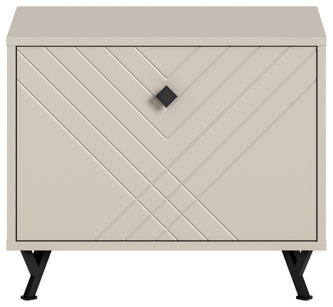 Frontansicht einer modernen Sitzbank mit geometrischem Muster und schwarzen Metallbeinen.