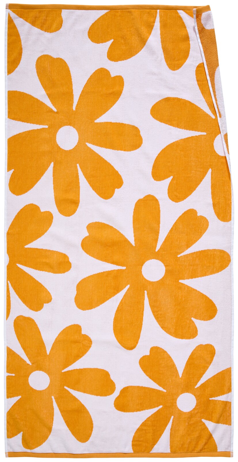 Weißes Strand-/Badetuch mit großen orangefarbenen Blumenmotiven, flach von oben in Draufsicht fotografiert