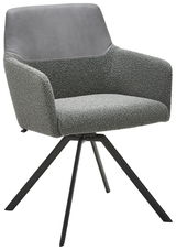 Moderner grauer Sessel mit gepolstertem Sitz und Rückenlehne, auf schwarzem Metallgestell, seitliche Perspektive