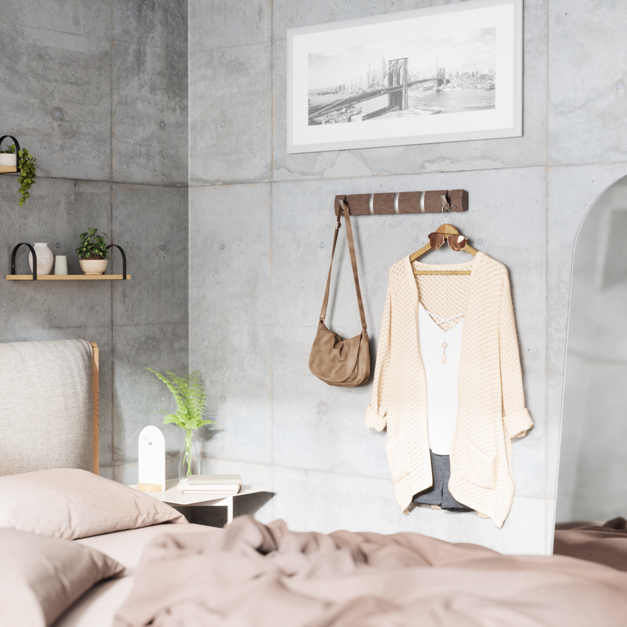 Wandgarderobe in einem modernen Schlafzimmer, frontal fotografiert, mit einem beigen Strickmantel und einer braunen Tasche.