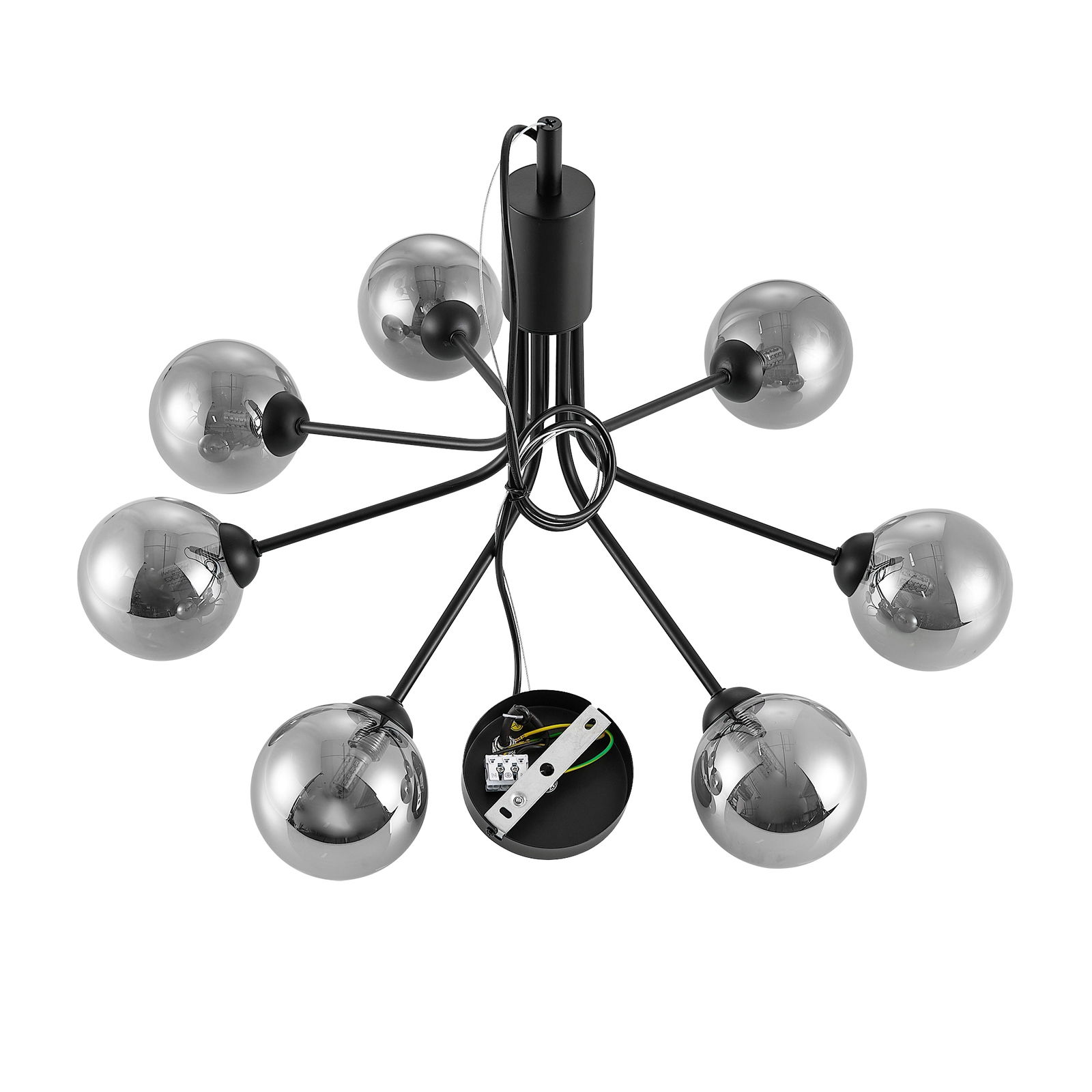 Moderne Hängeleuchte mit acht kugelförmigen Lampenschirmen, Ansicht von unten.