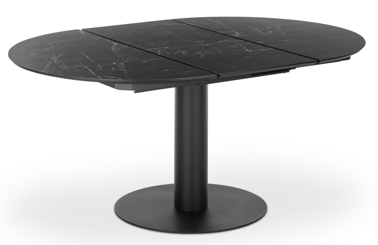 Runder Esstisch mit schwarzer Marmoroptik und zentralem Standfuß, seitliche Perspektive
