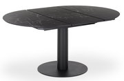 Runder Esstisch mit schwarzer Marmoroptik und zentralem Standfuß, seitliche Perspektive