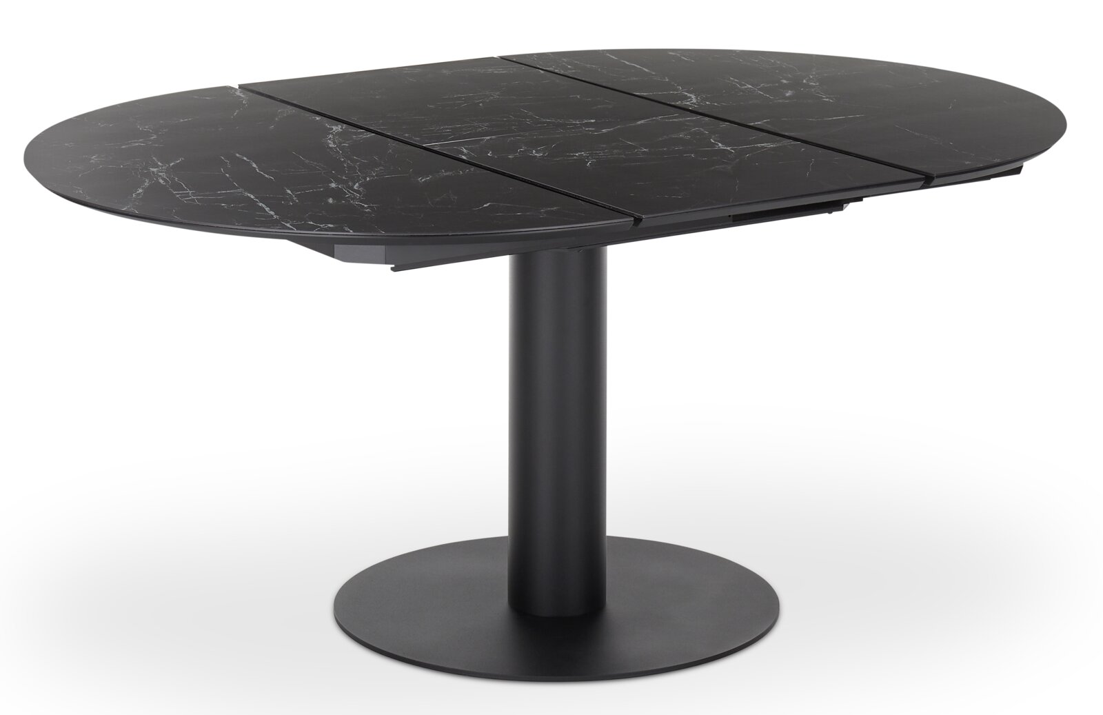Runder Esstisch mit schwarzer Marmoroptik und zentralem Standfuß, seitliche Perspektive