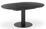 Runder Esstisch mit schwarzer Marmoroptik und zentralem Standfuß, seitliche Perspektive