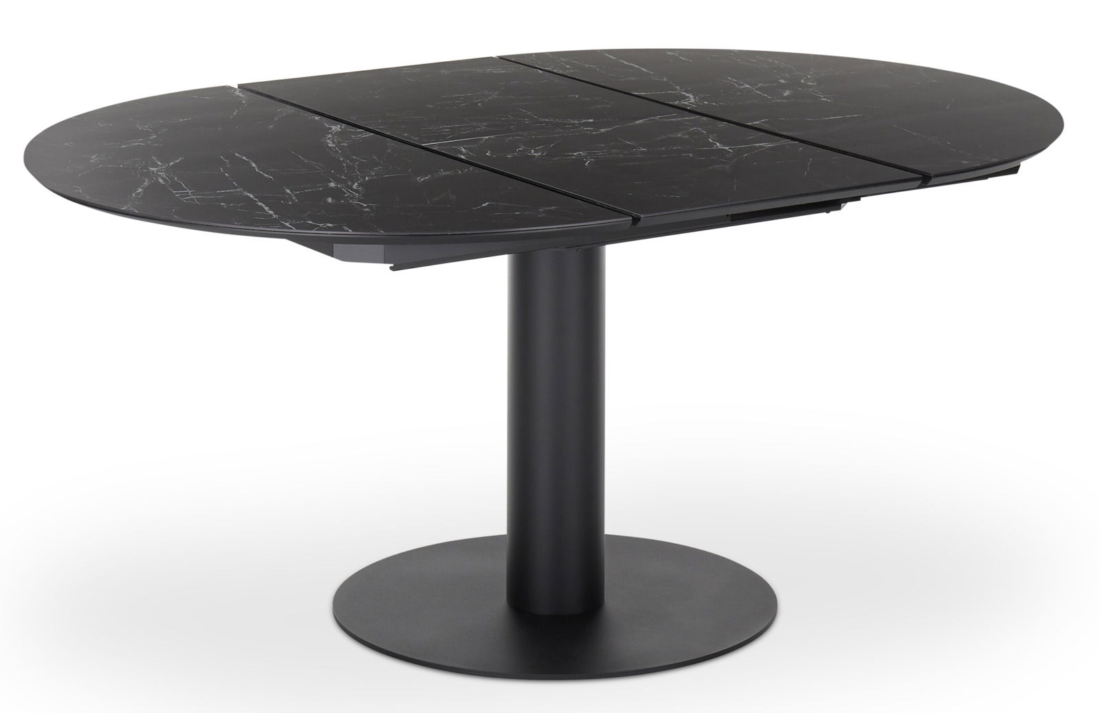 Runder Esstisch mit schwarzer Marmoroptik und zentralem Standfuß, seitliche Perspektive