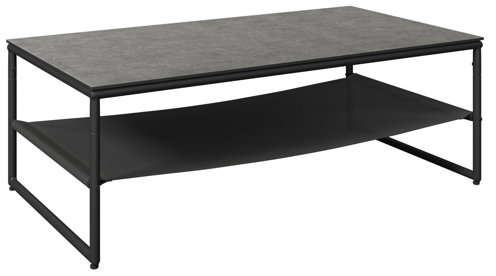 Moderner Gartentisch mit grauer Tischplatte und schwarzem Gestell, seitliche Perspektive