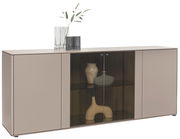 Modernes Sideboard mit zwei geschlossenen Schranktüren und einer zentralen Glastür, dekoriert mit Vasen und Pflanzen, seitliche Perspektive