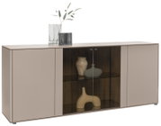 Modernes Sideboard mit zwei geschlossenen Schranktüren und einer zentralen Glastür, dekoriert mit Vasen und Pflanzen, seitliche Perspektive