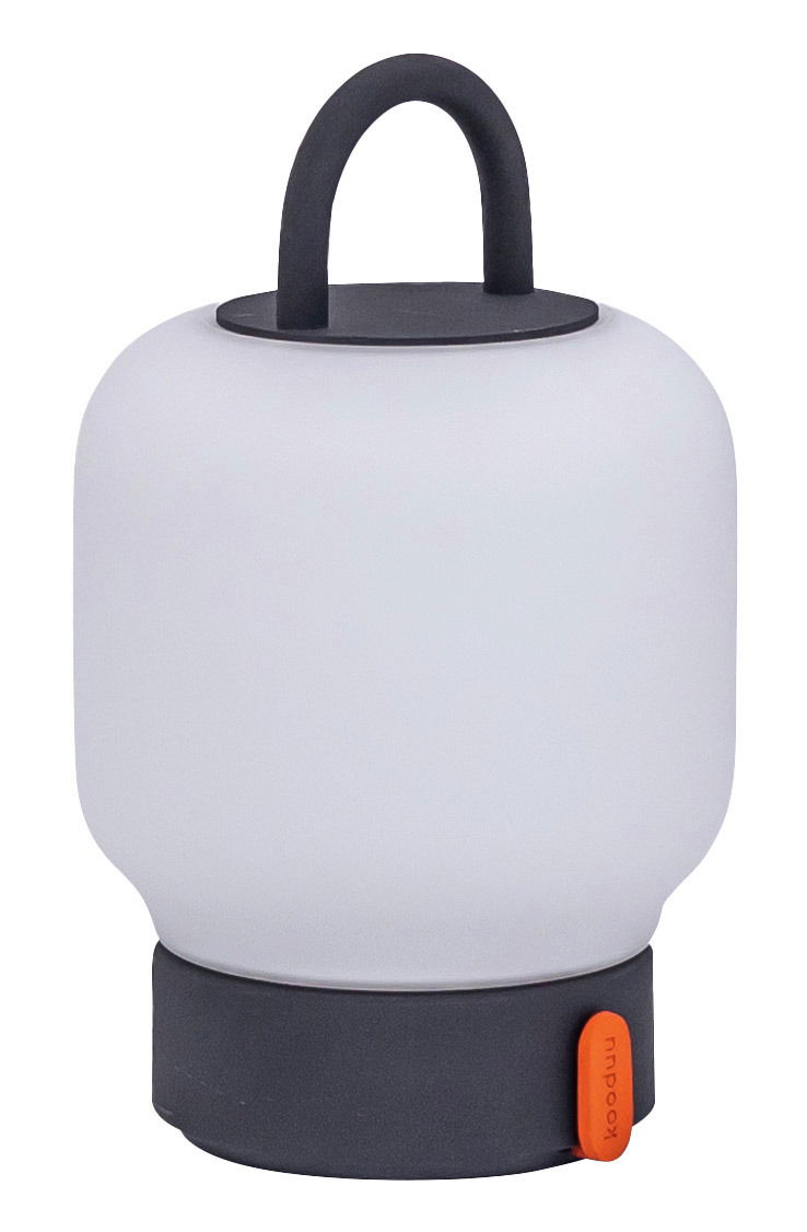 Tragbare Lampe in Anthrazit mit weißem, rundem Körper und schwarzem Griff, seitliche Ansicht