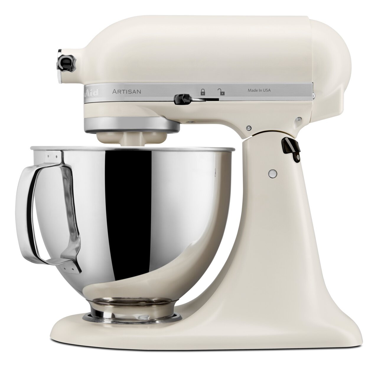 Weiße Küchenmaschine 4,8 l von der Seite mit Edelstahl-Rührschüssel