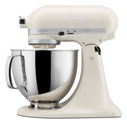 Weiße Küchenmaschine 4,8 l von der Seite mit Edelstahl-Rührschüssel