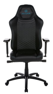 Frontansicht eines schwarzen Gaming-Stuhls mit blauen Akzenten und ergonomischem Design