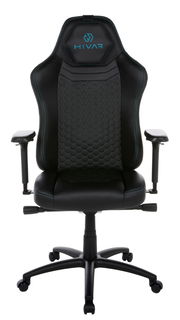 Frontansicht eines schwarzen Gaming-Stuhls mit blauen Akzenten und ergonomischem Design