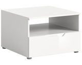 Moderner weißer Couchtisch mit Schublade und offenem Fach, seitliche Perspektive