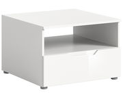 Moderner weißer Couchtisch mit Schublade und offenem Fach, seitliche Perspektive