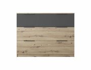 Moderne ladekast met drie lades, bovenste lade in donkergrijs, onderste in houtlook, vooraanzicht.